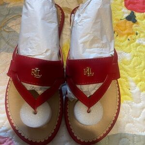 Ralph Lauren Red Leather Thong Sandals with Gold RLL Accent